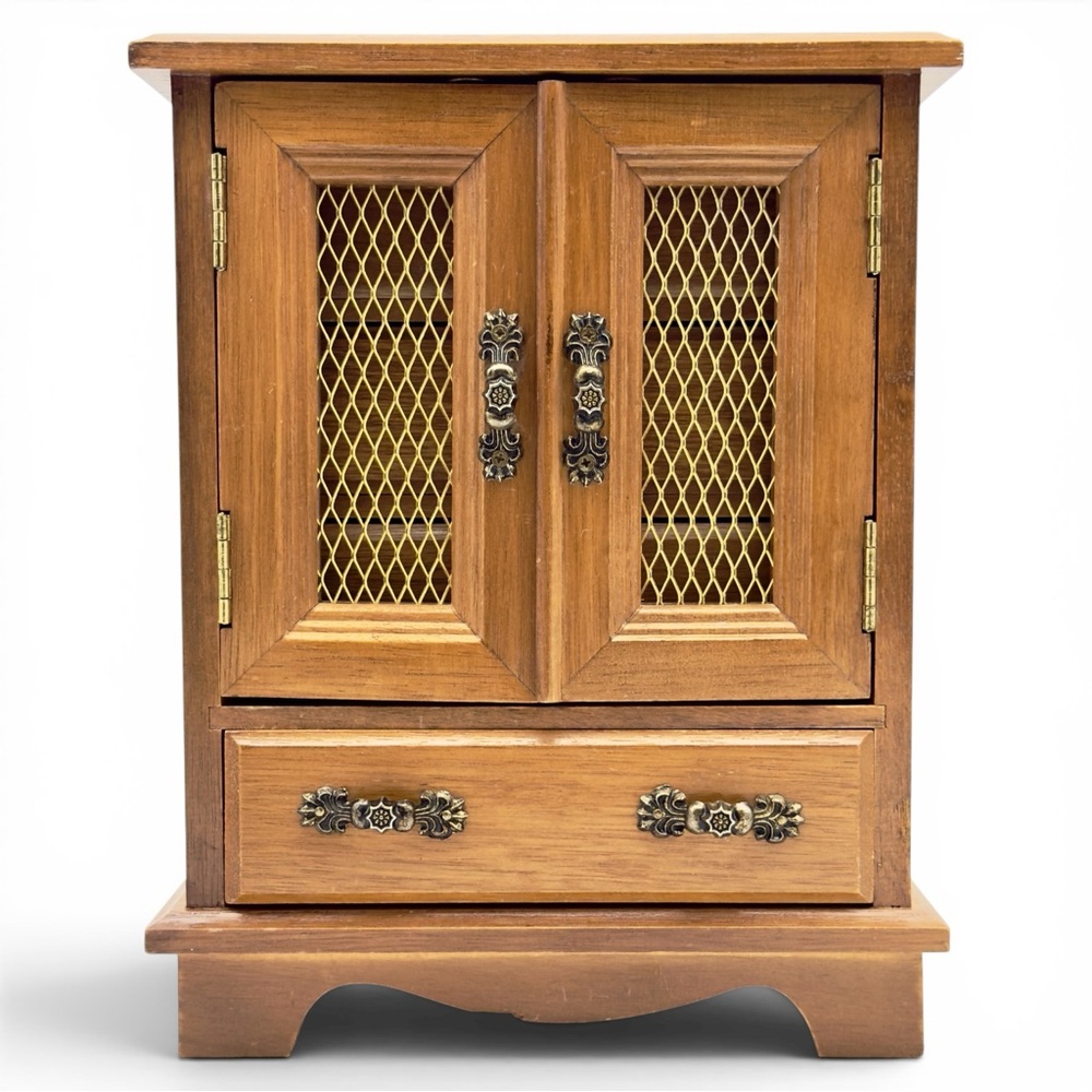 70s Wooden Music Jewelry Box Armoire Sankyo Japan WORKING Puff The Magic Dragon